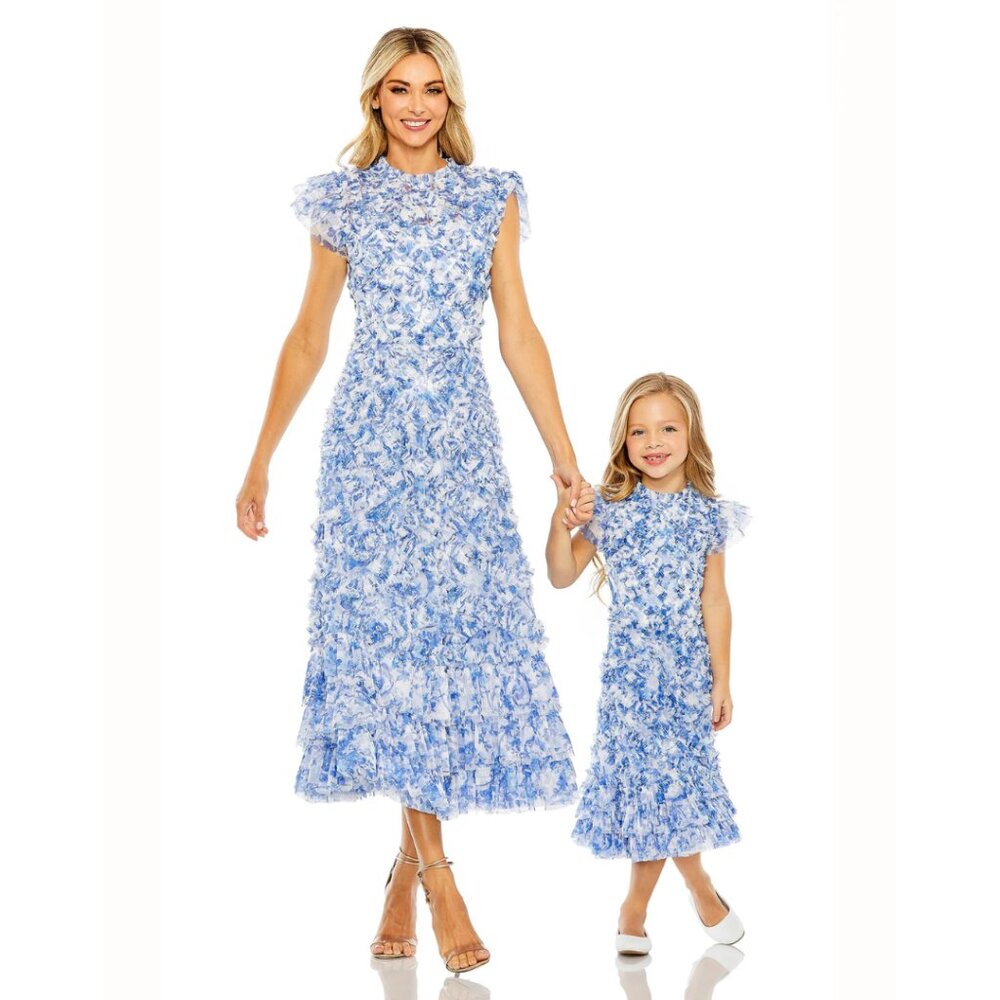MAC DUGGAL 8215 Girls‎ Kids Size 4 Blue White Floral Ruffle Tulle Party Dress